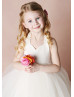 Ivory Satin Tulle Tea Length Cross Back Simple Flower Girl Dress